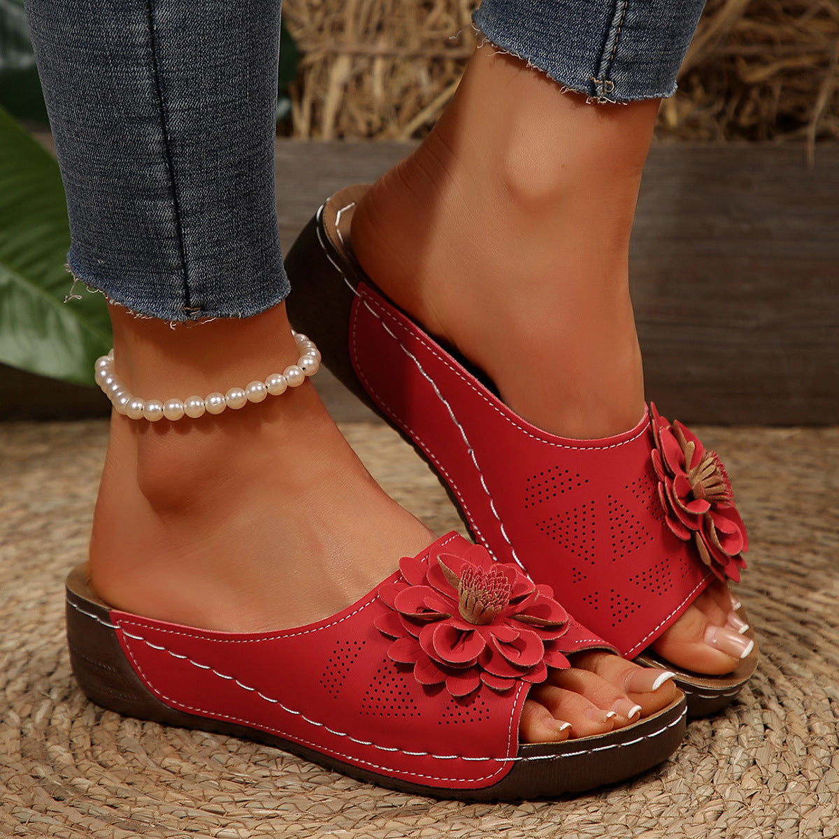 Women's floral wedge slide sandals