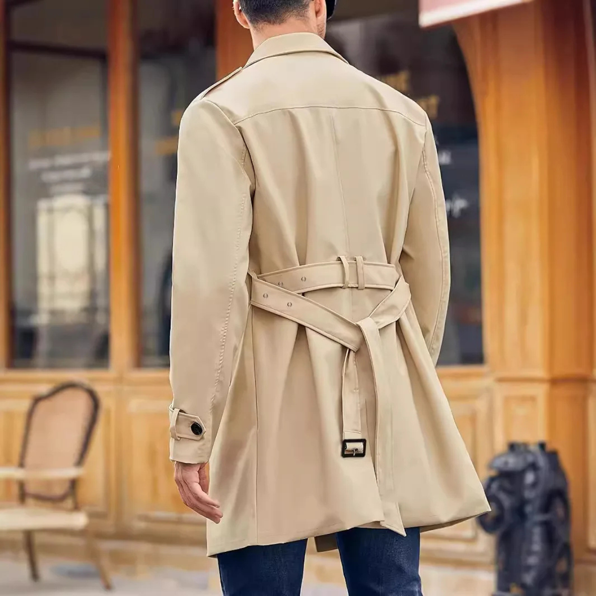 Khaki double breasted trench coat for men.