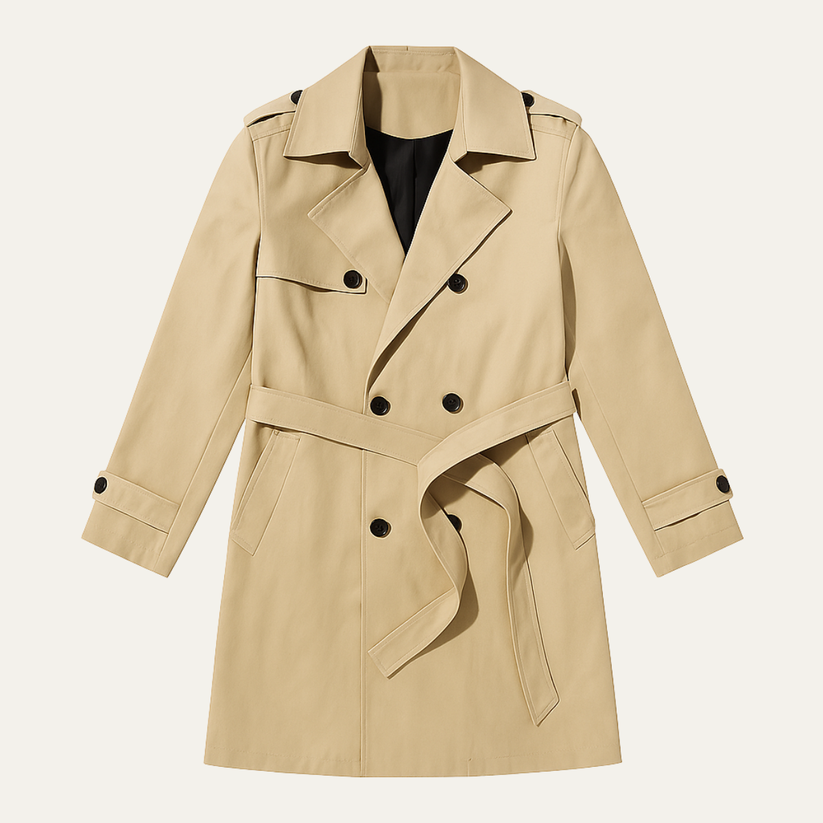 Khaki double breasted trench coat for men.