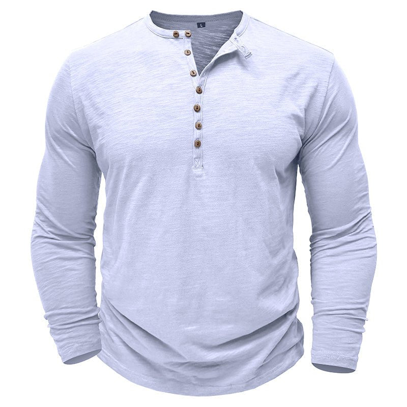 Man wearing a henley long sleeve t-shirt