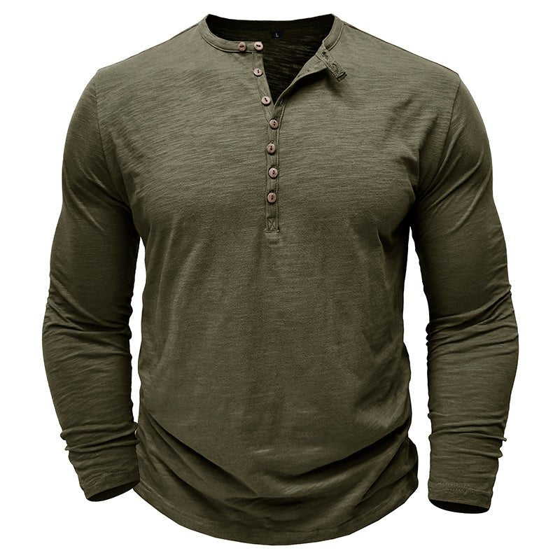 Man wearing a henley long sleeve t-shirt