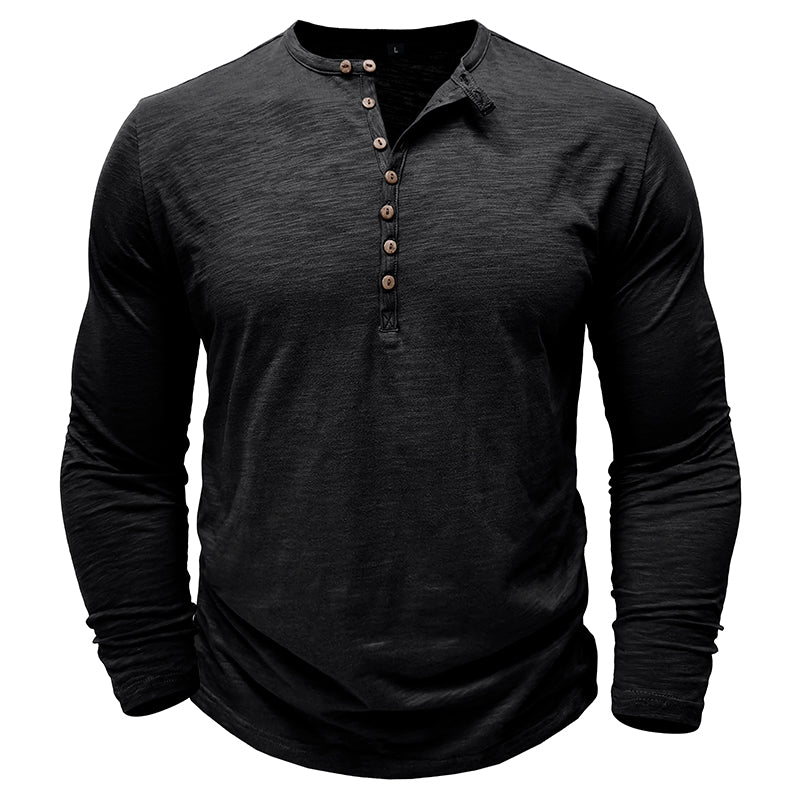 Man wearing a henley long sleeve t-shirt