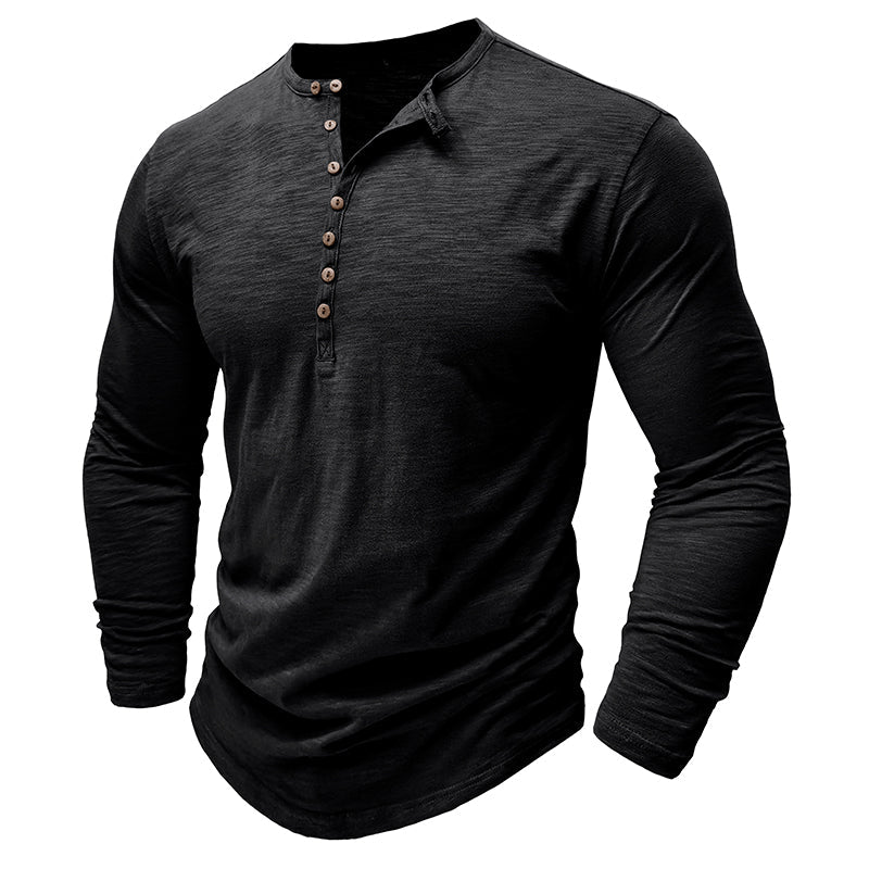 Man wearing a henley long sleeve t-shirt