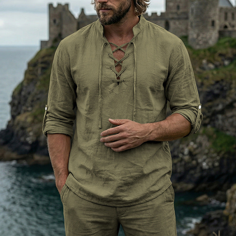 Man wearing a linen long sleeve shirt