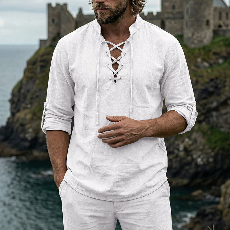 Man wearing a linen long sleeve shirt