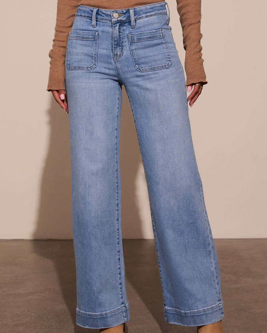 Woman wearing retro wide leg high waist jeans