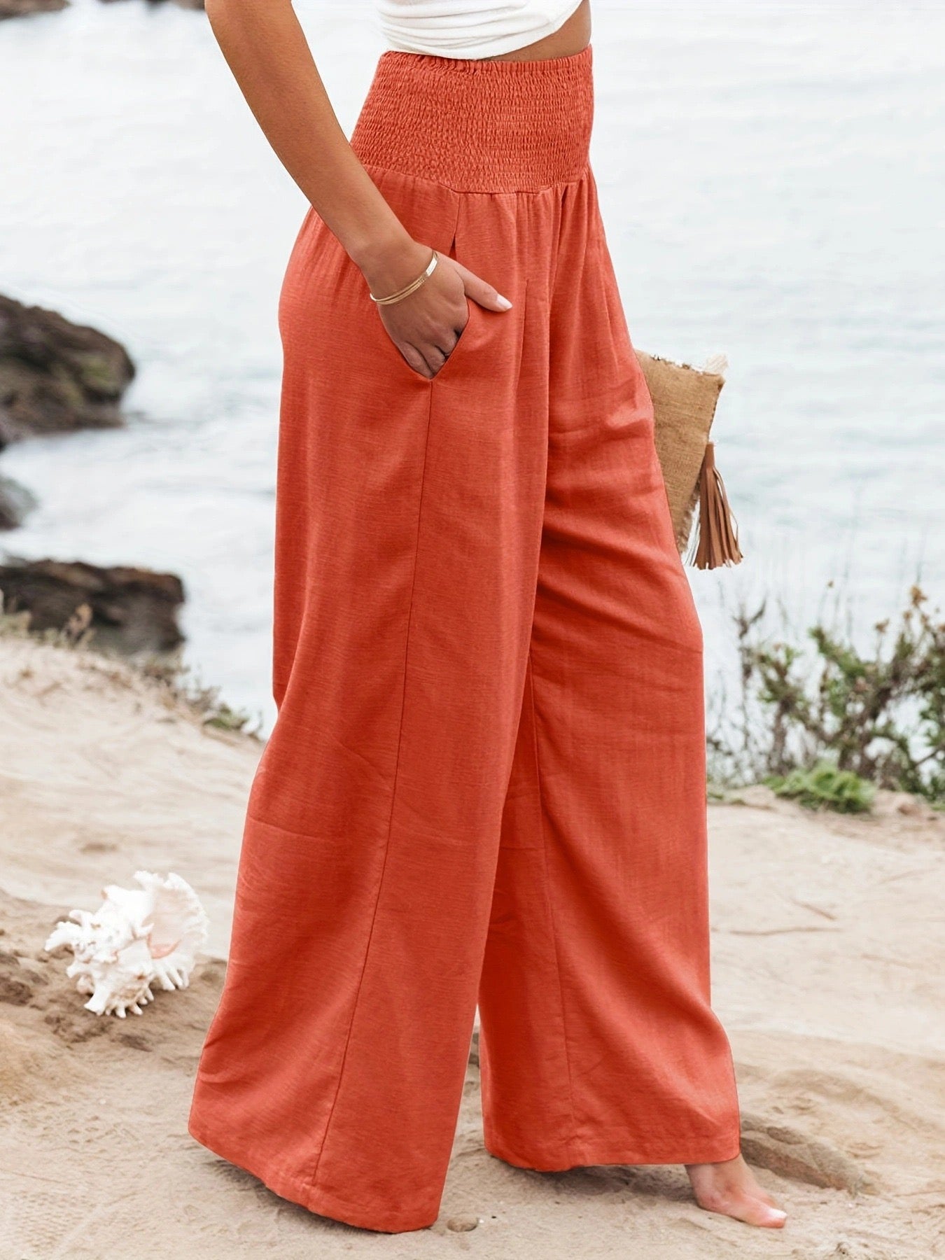 Woman wearing wide leg linen pants