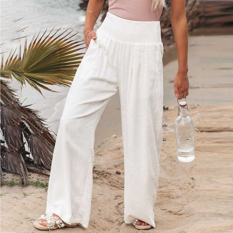 Woman wearing wide leg linen pants