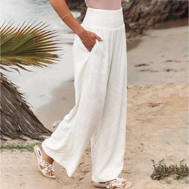 Woman wearing wide leg linen pants