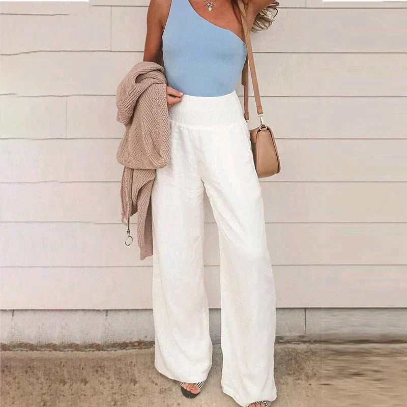 Woman wearing wide leg linen pants