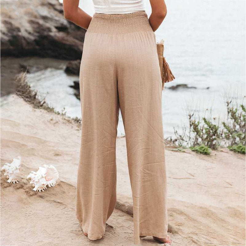 Woman wearing wide leg linen pants