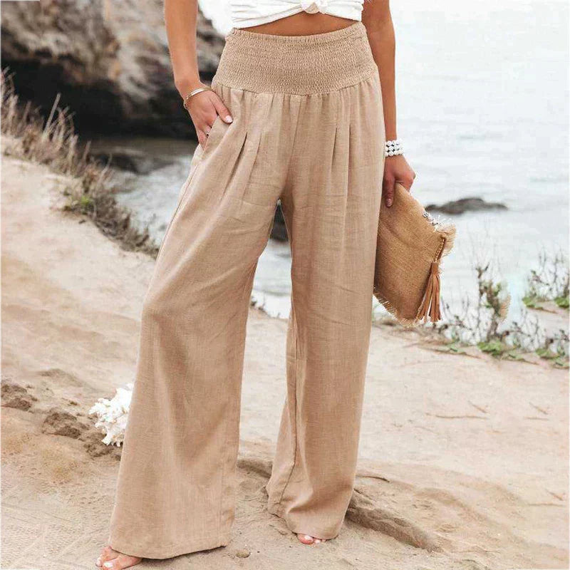 Woman wearing wide leg linen pants