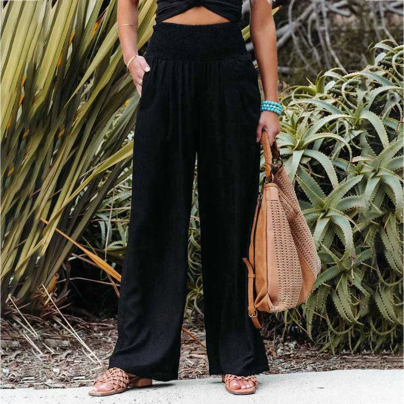 Woman wearing wide leg linen pants