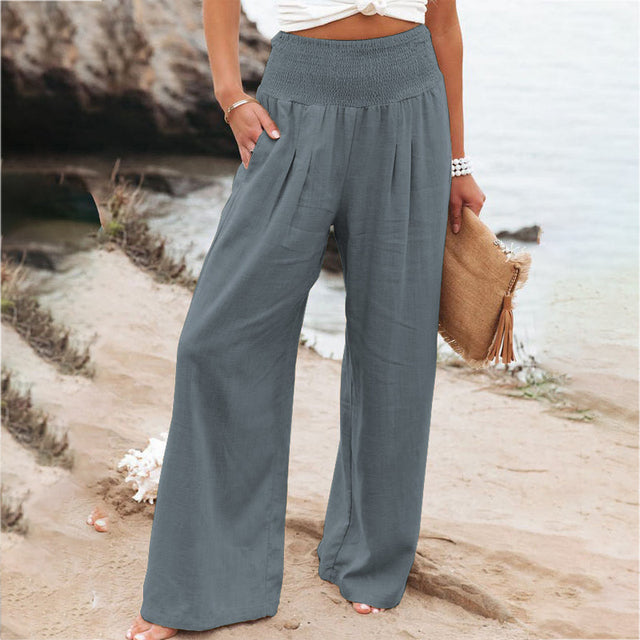Woman wearing wide leg linen pants