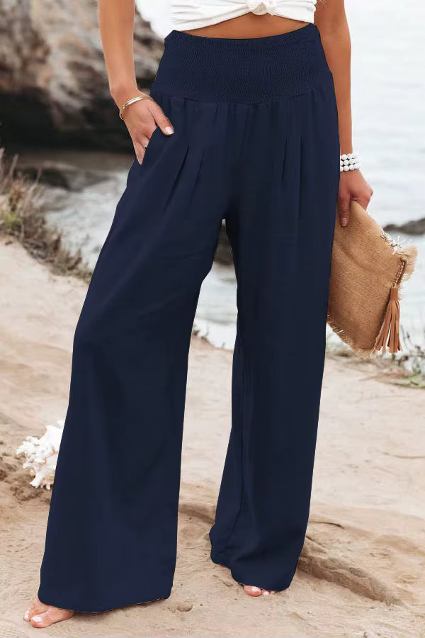 Woman wearing wide leg linen pants