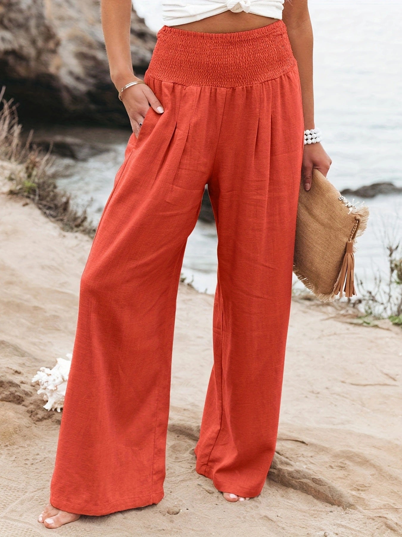 Woman wearing wide leg linen pants