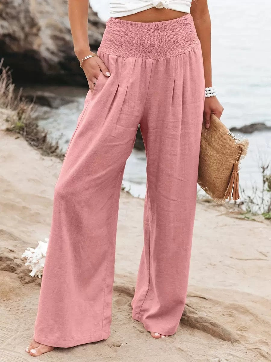 Woman wearing wide leg linen pants