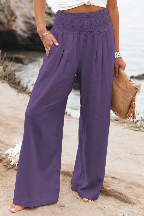 Woman wearing wide leg linen pants