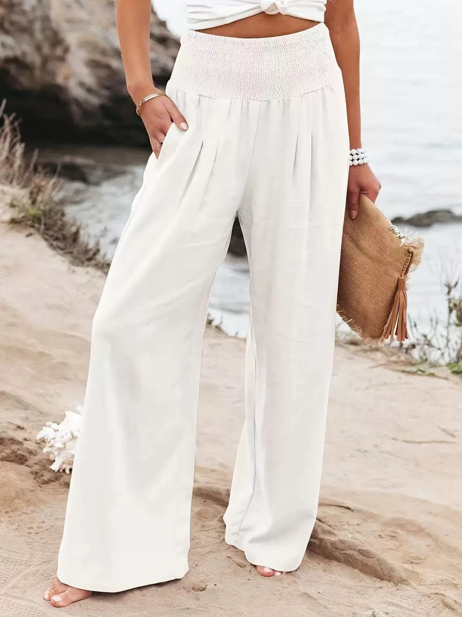 Woman wearing wide leg linen pants
