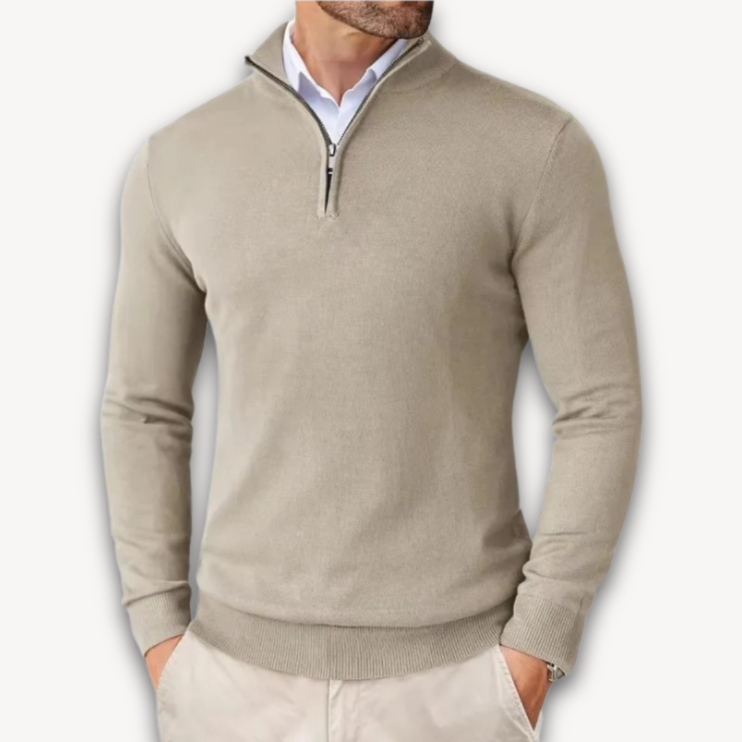 Man wearing a quarter-zip knit sweater