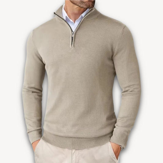 Man wearing a quarter-zip knit sweater