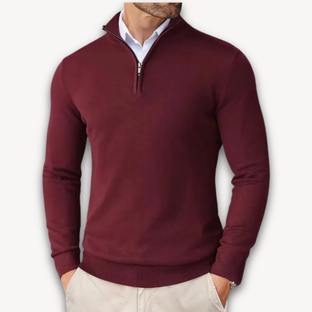 Man wearing a quarter-zip knit sweater