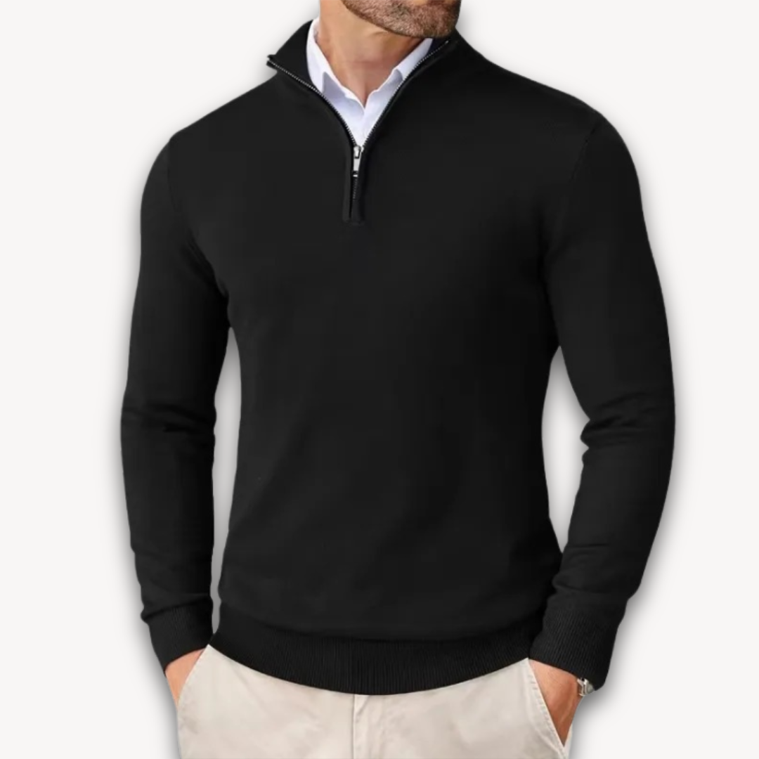 Man wearing a quarter-zip knit sweater