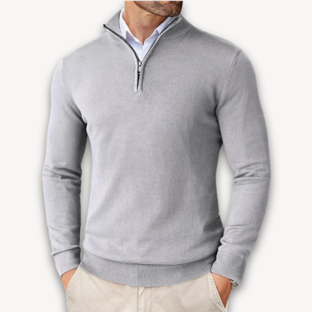 Man wearing a quarter-zip knit sweater
