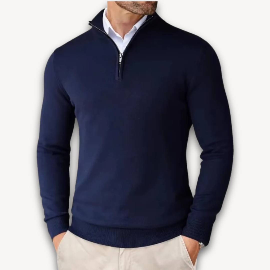 Man wearing a quarter-zip knit sweater