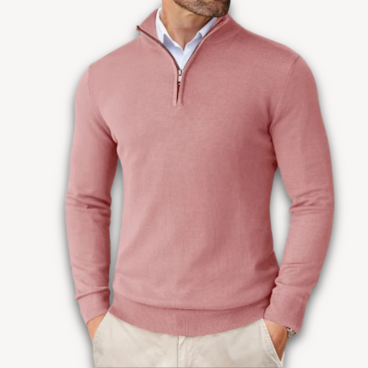 Man wearing a quarter-zip knit sweater