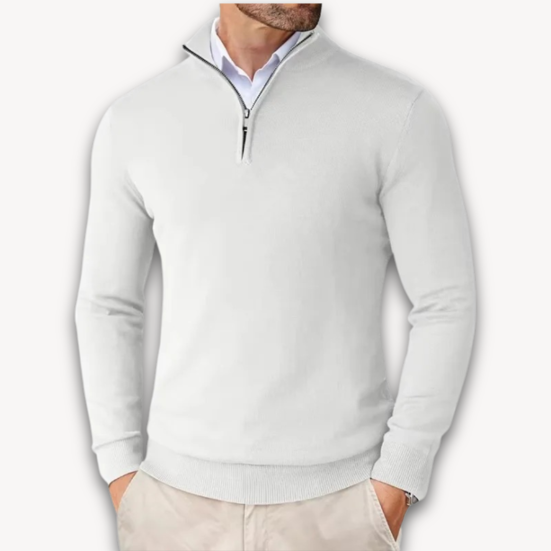 Man wearing a quarter-zip knit sweater