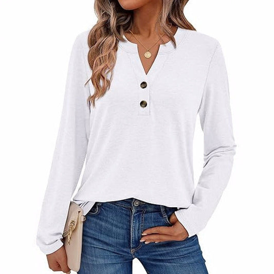 Woman wearing a V-neck long sleeve t-shirt with button detail
