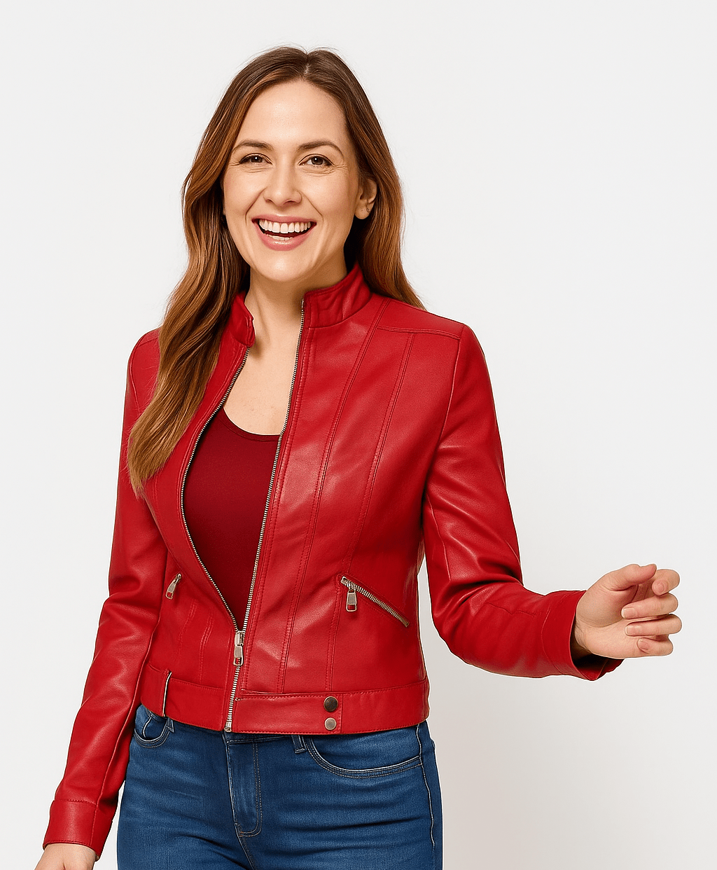 Woman wearing a slim fit faux leather biker jacket with stand collar and zip front