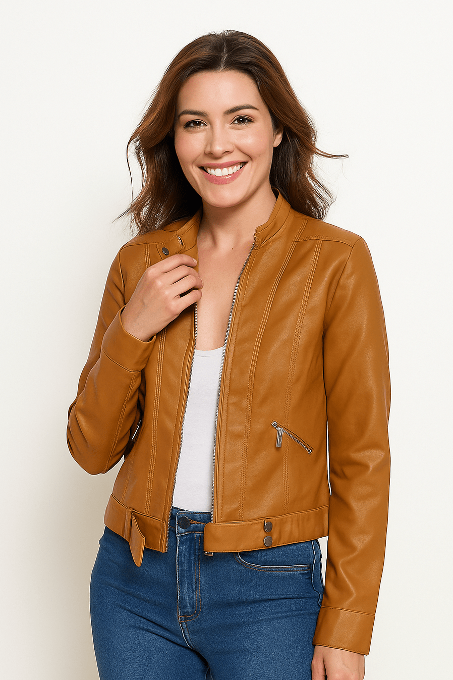 Woman wearing a slim fit faux leather biker jacket with stand collar and zip front
