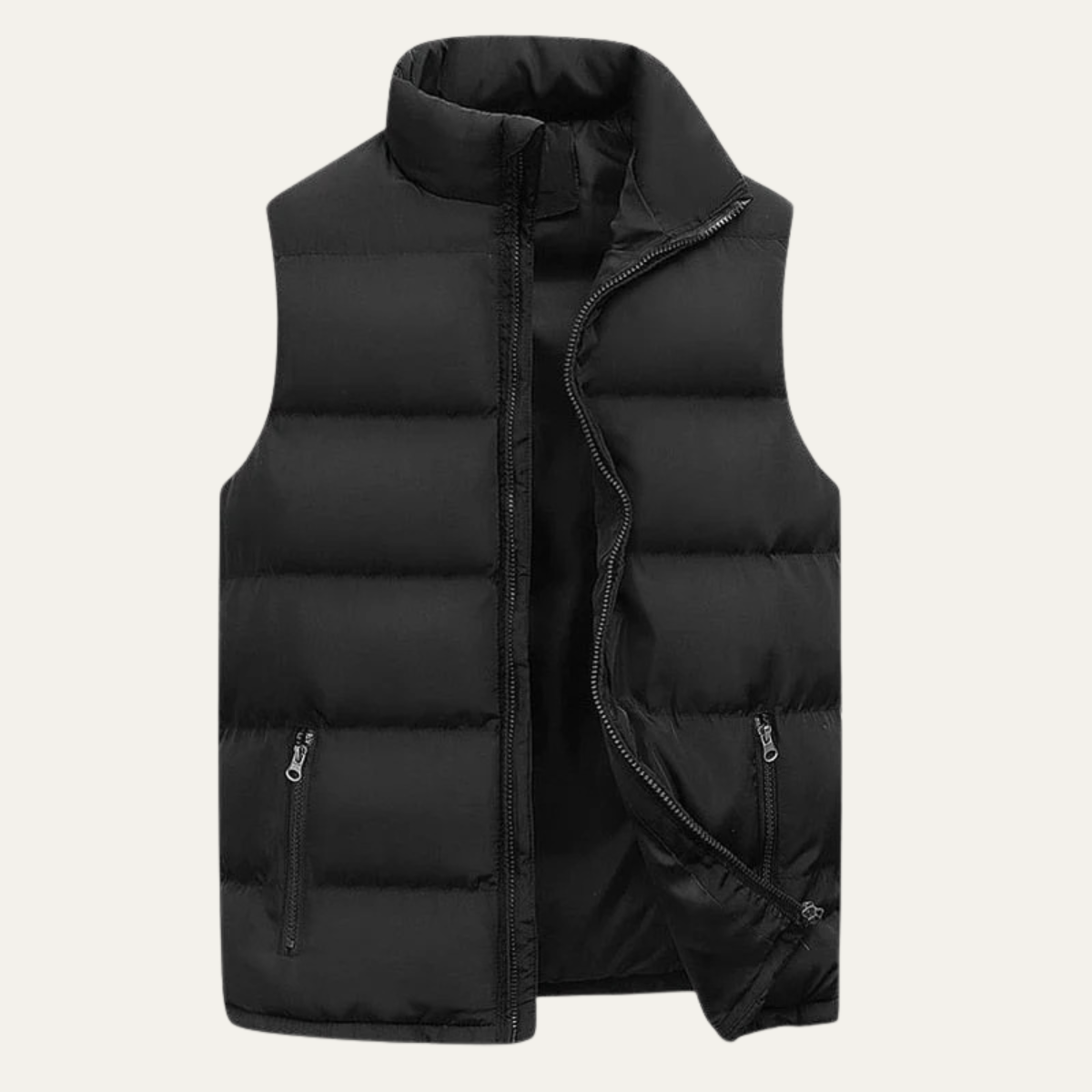 Black quilted puffer vest for men.