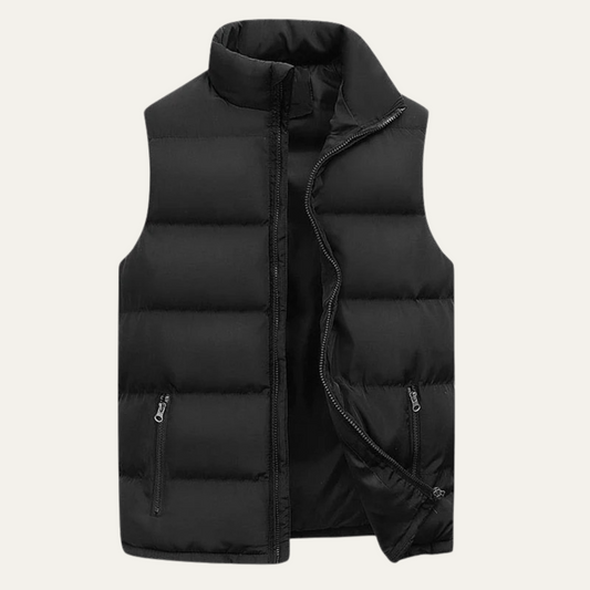 Black quilted puffer vest for men.