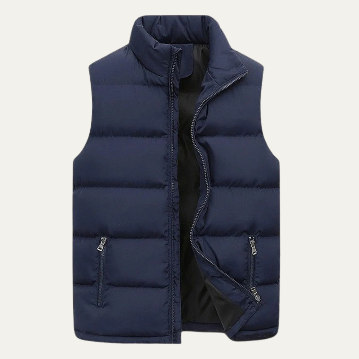 Navy quilted puffer vest for men.