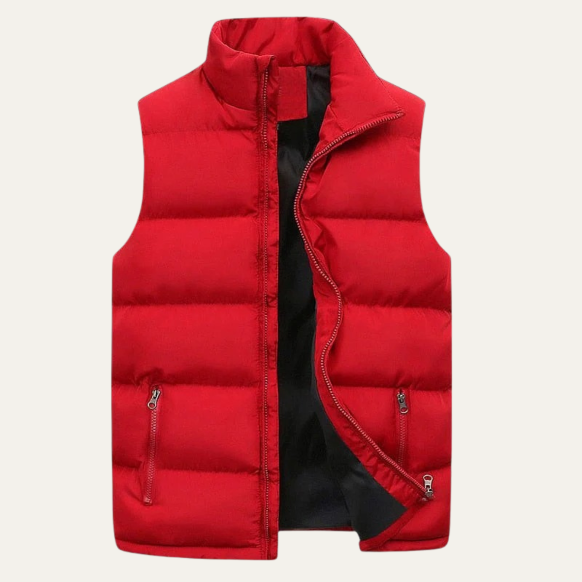 Red quilted puffer vest for men.