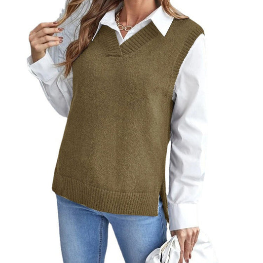 Woman wearing a ribbed v-neck knit vest