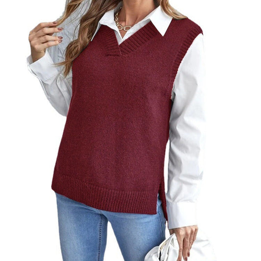 Woman wearing a ribbed v-neck knit vest