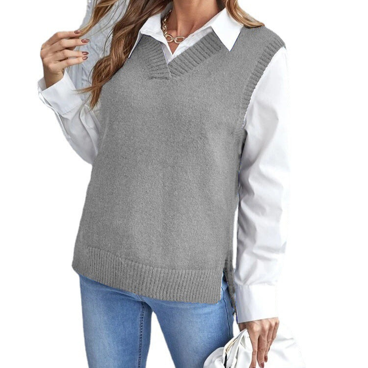 Woman wearing a ribbed v-neck knit vest