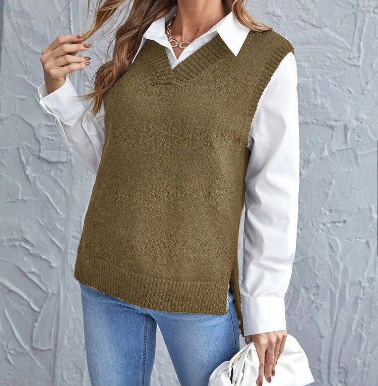 Woman wearing a ribbed v-neck knit vest