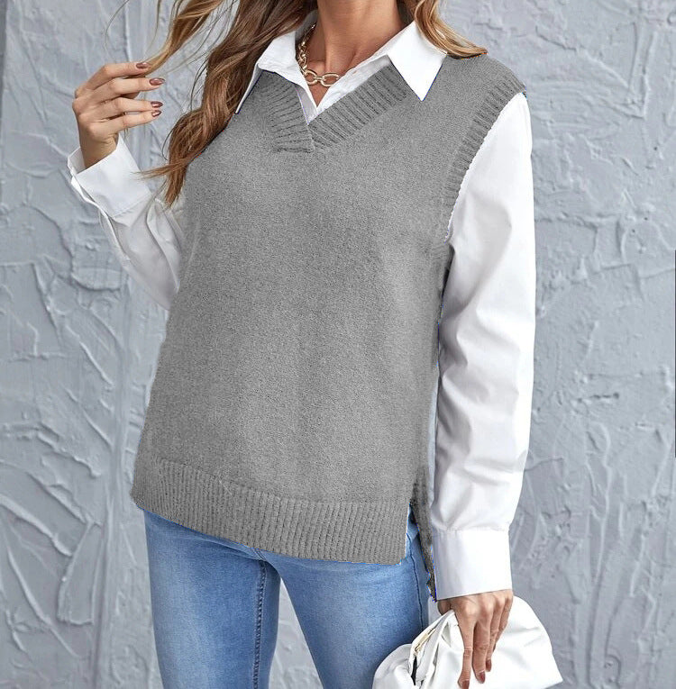 Woman wearing a ribbed v-neck knit vest