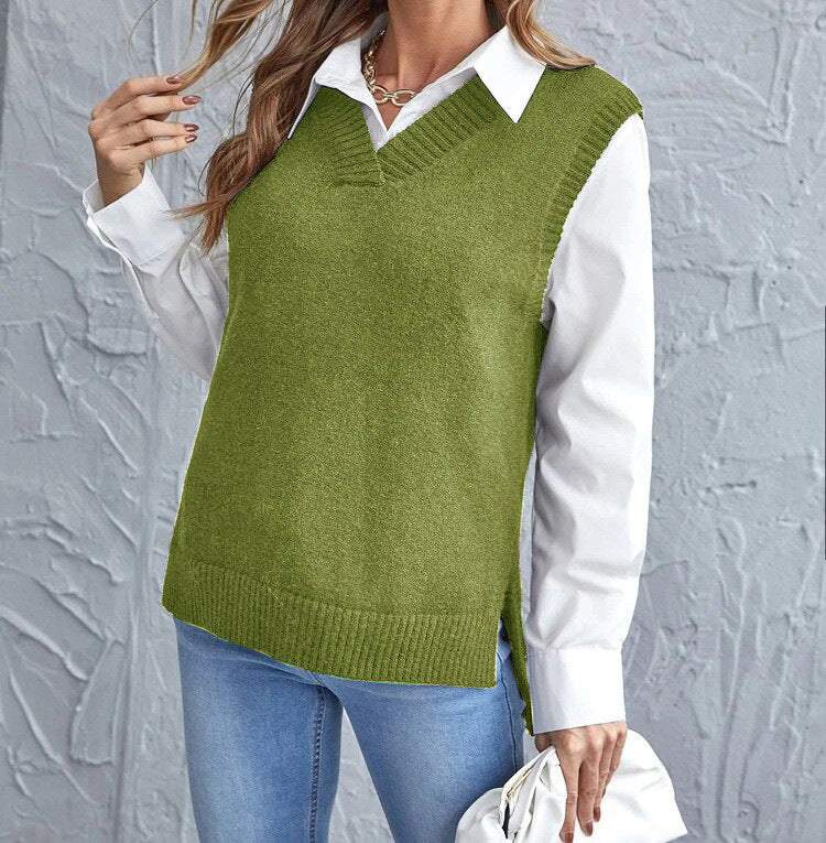 Woman wearing a ribbed v-neck knit vest