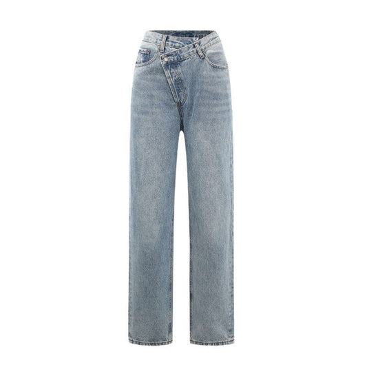 Woman wearing Genevieve crossover waist wide leg jeans