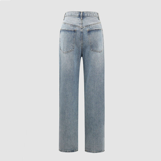 Woman wearing Genevieve crossover waist wide leg jeans