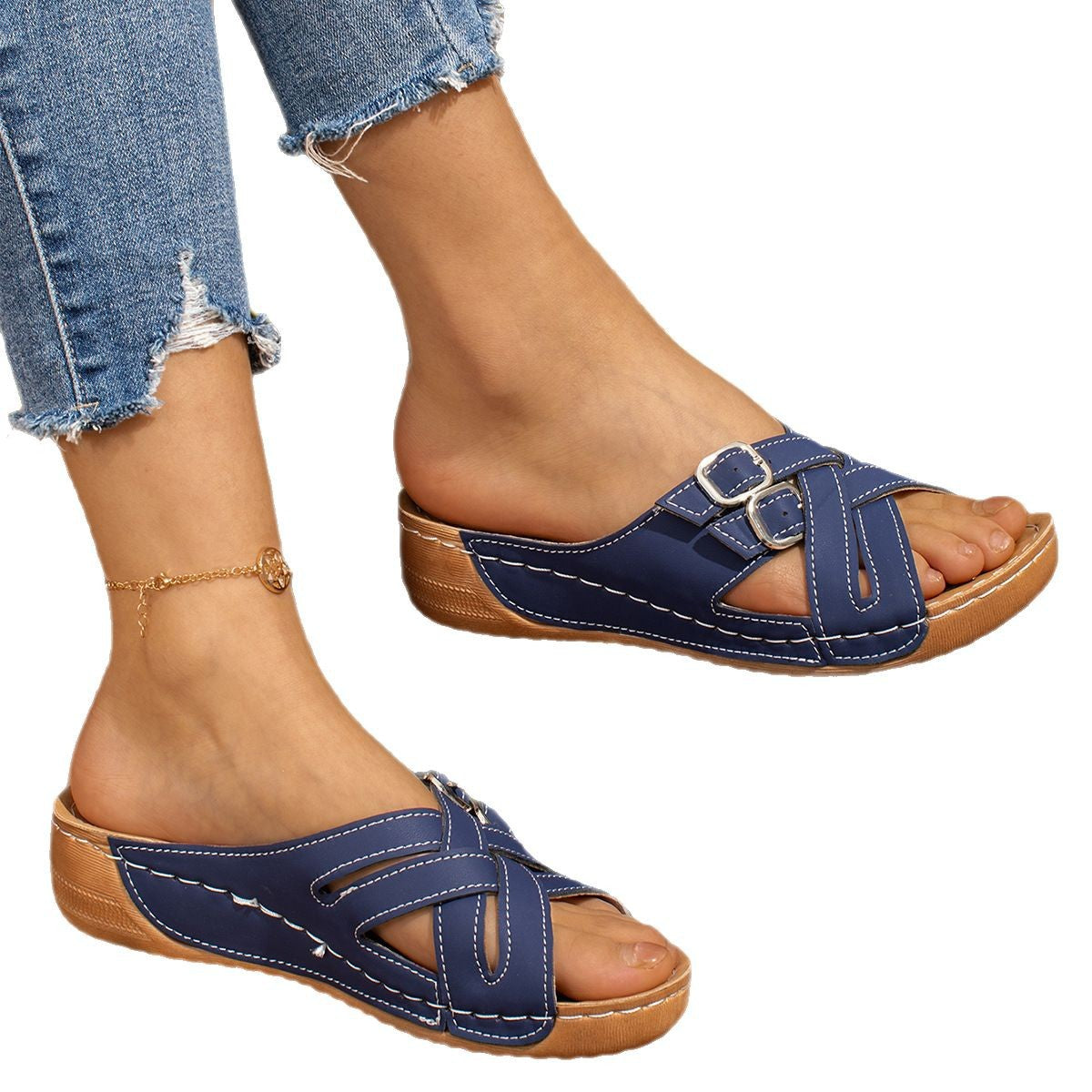 Women's faux leather double-buckle flat slide sandals