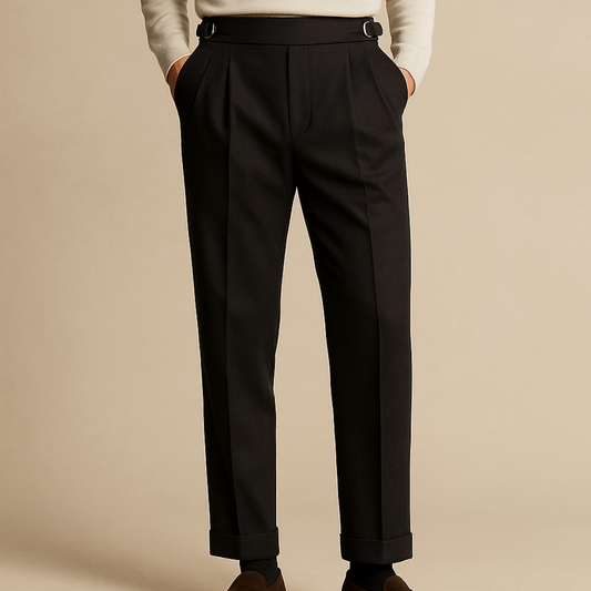 Man wearing formal pleated dress pants