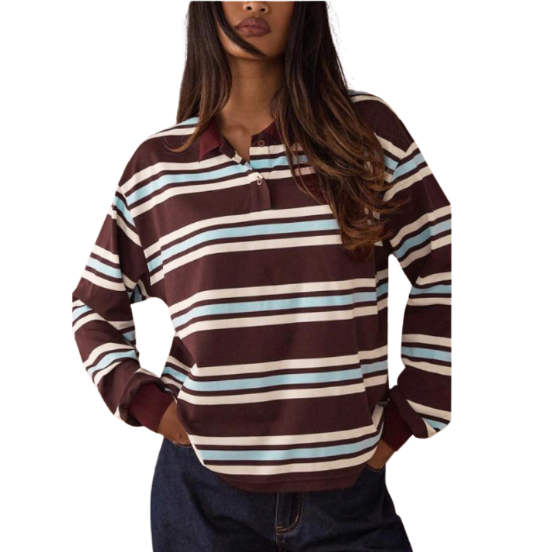 Woman wearing a striped long sleeve round neck top