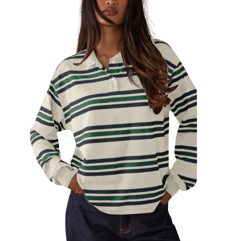 Woman wearing a striped long sleeve round neck top